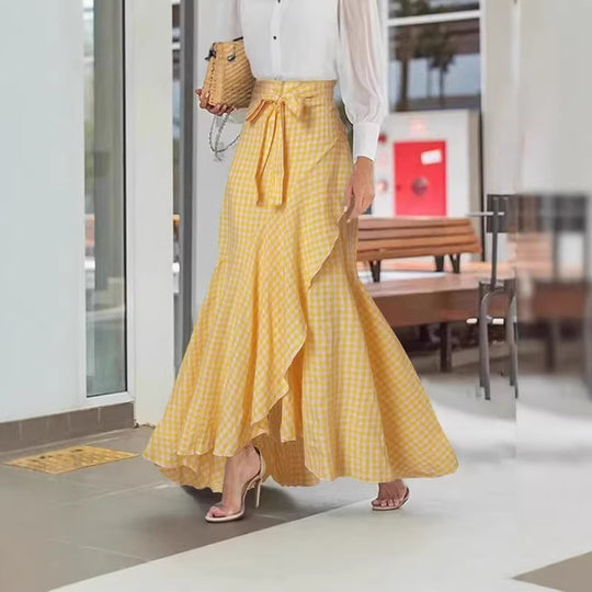 Damen nan Wickel-Maxirock mit Vichy-Karo, hoher Taillenbinde und asymmetrischem Volantsaum Shop Nory