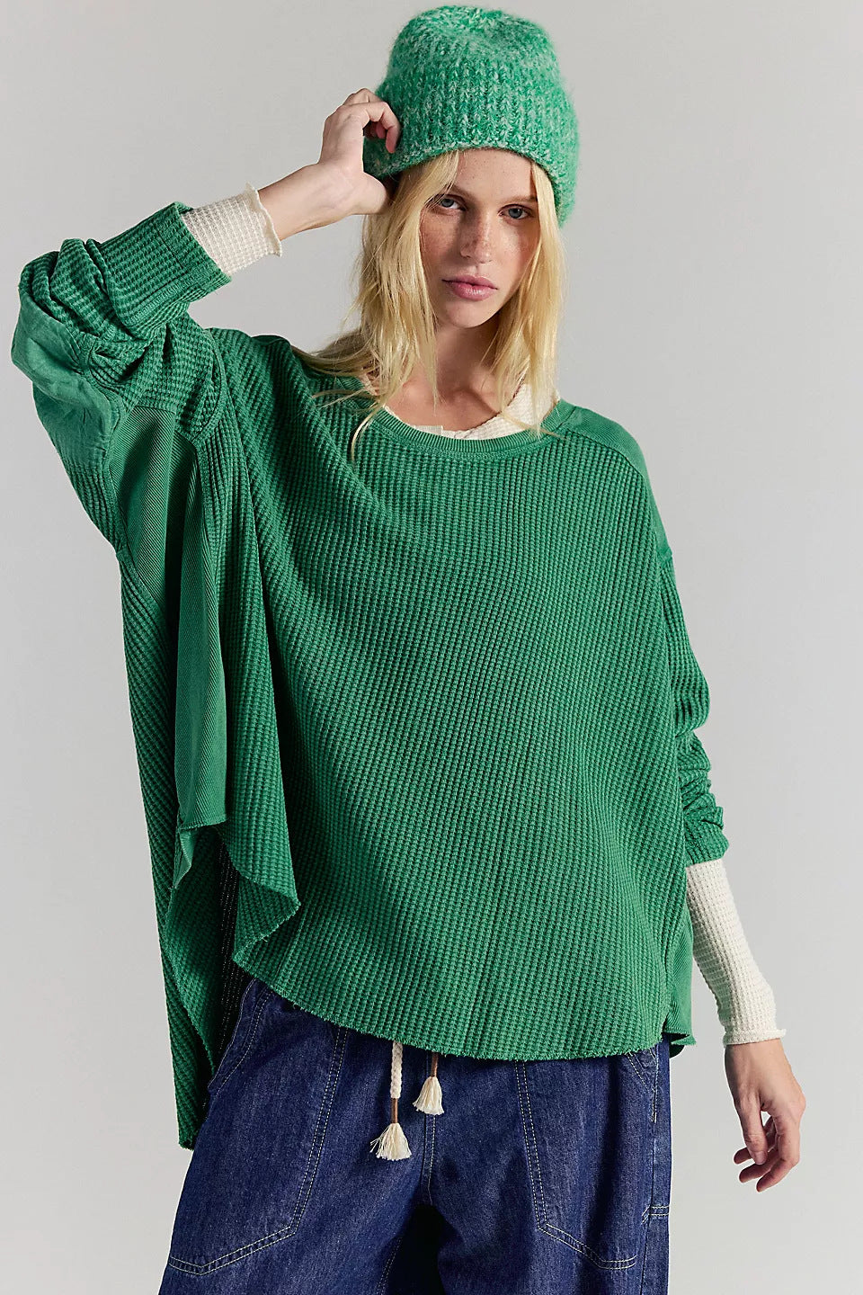 Damen Oversized Waffelstrick-Pullover mit weitem Schnitt und tiefem Raglan Shop Nory
