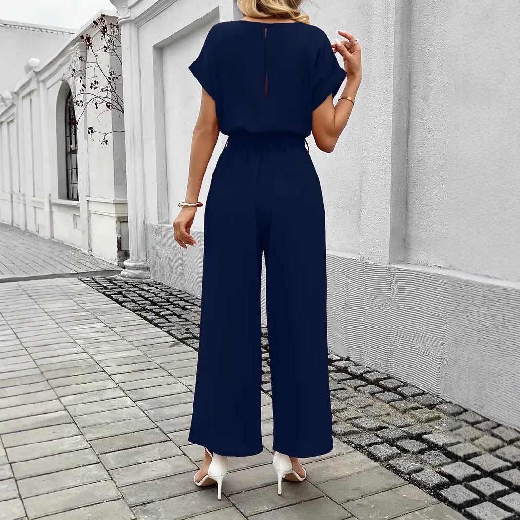 Damen Eleganter Jumpsuit mit weitem Bein und Taillenknoten ShopNory