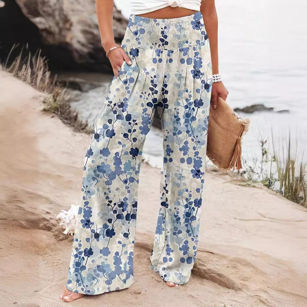 Damen Weit geschnittene Sommerhose mit floralem Print und elastischem Bund Shopnory