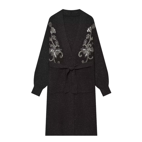 Damen Langer Feinstrick-Cardigan mit Zierstickerei, Taillengürtel und aufgesetzten Taschen Shop Nory