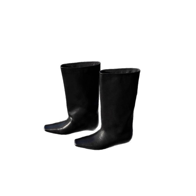 Damen kniehohe Slouch‑Lederstiefel mit quadratischer Zehenform und flachem Absatz Shop Nory