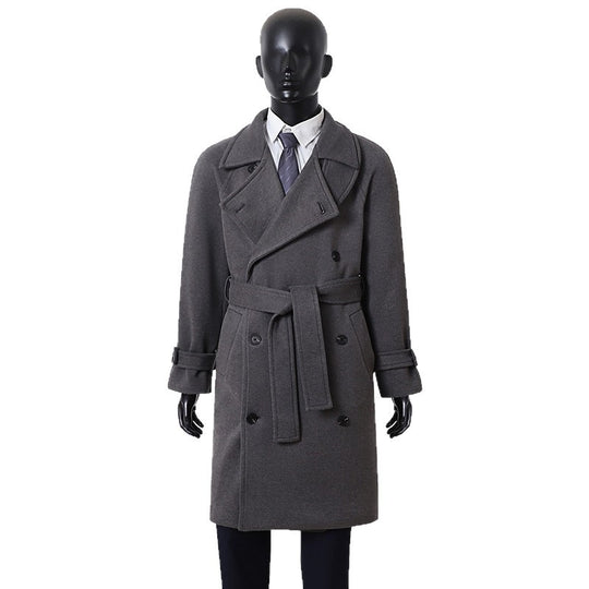 Herren Maxilanger Doppelreihiger Wollmix-Mantel mit hohem Stehkragen, Taillengürtel und verstellbaren Manschettenriemen Shop Nory