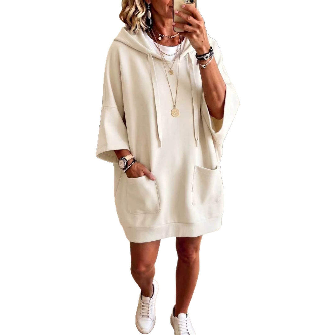 Damen Oversize Hoodie-Kleid mit Kängurutaschen und halblangen Ärmeln Shop Nory