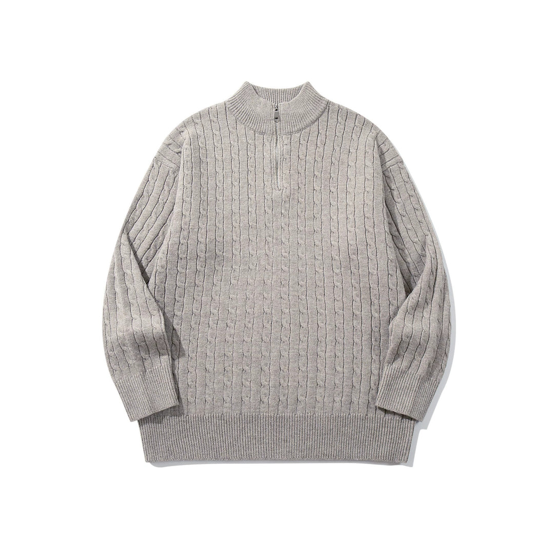 Unisex Zopfmuster-Halbzip-Strickpullover mit hohem Rippkragen und längerem Saum Shop Nory