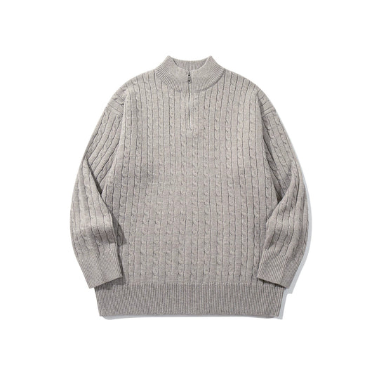 Unisex Zopfmuster-Halbzip-Strickpullover mit hohem Rippkragen und längerem Saum Shop Nory