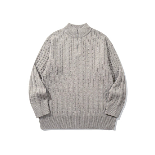 Unisex Zopfmuster-Halbzip-Strickpullover mit hohem Rippkragen und längerem Saum Shop Nory