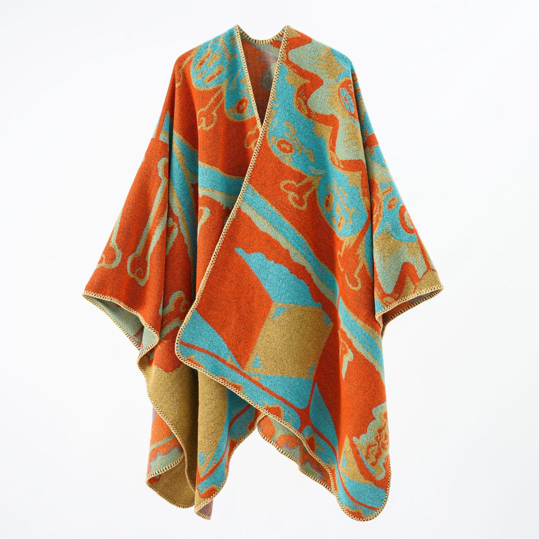 Damen Jacquard-Überwurfponcho mit musikalischem Ornament und Rollkante Shop Nory