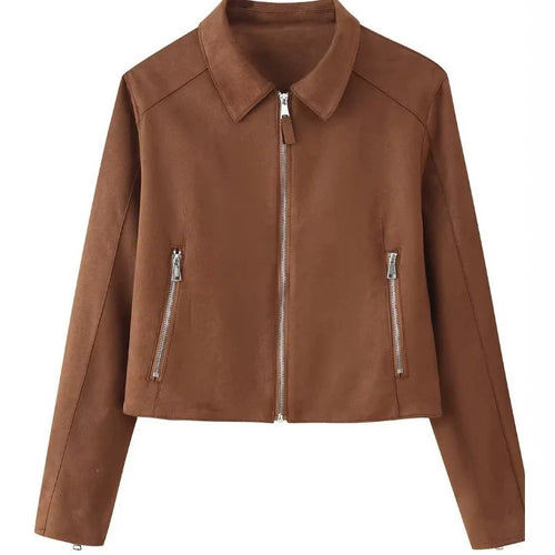 Damen Gekürzte Velourslederjacke mit Hemdkragen, durchgehendem Metallreißverschluss und Zipper-Taschen Shop Nory