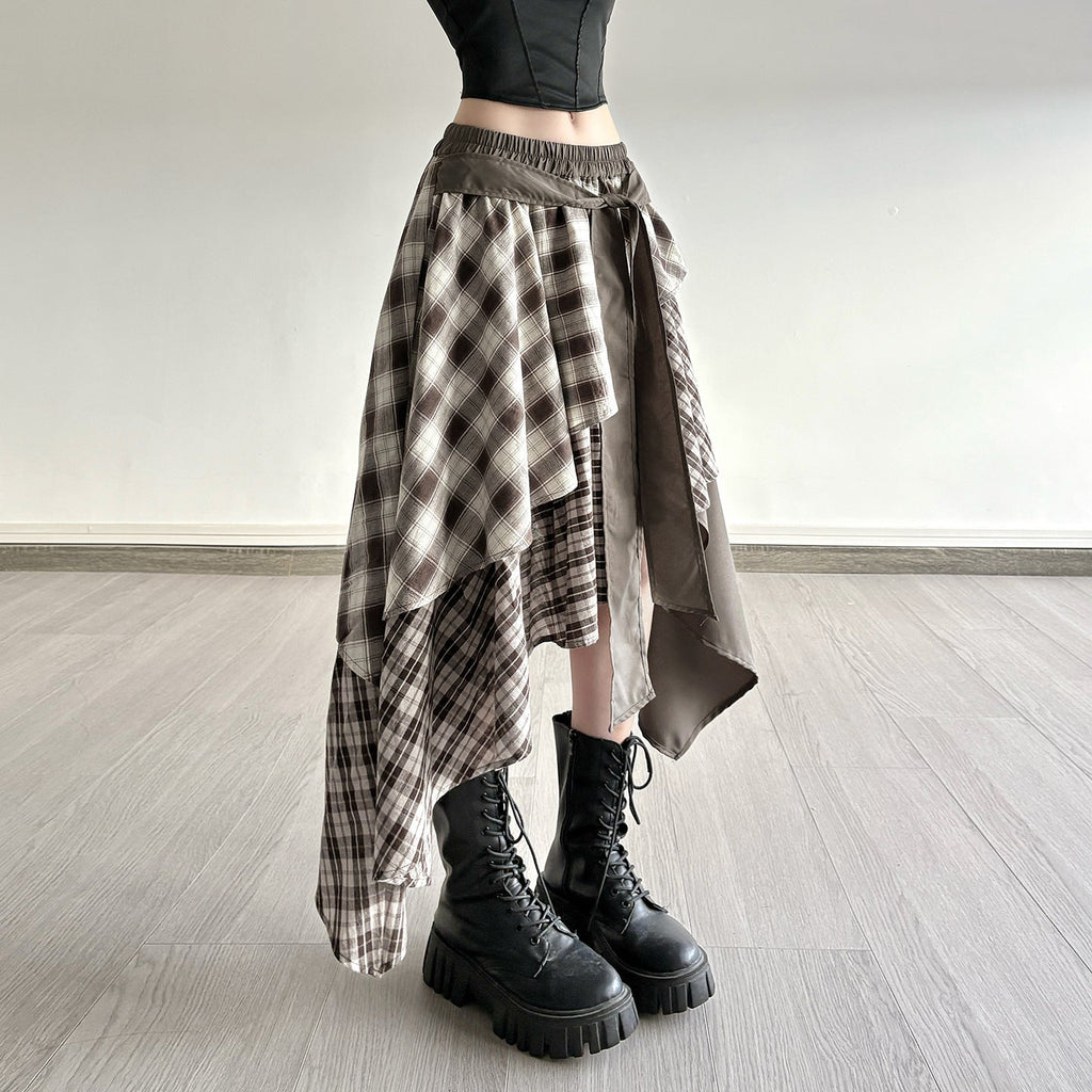 Damen asymmetrischer Wickelrock mit Karomuster und breitem Bindegürtel