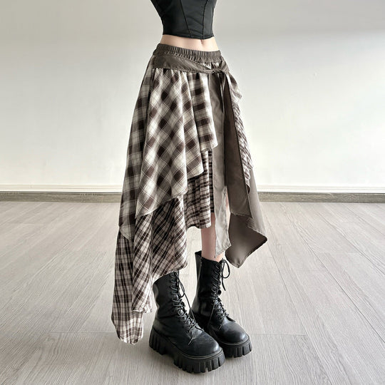 Damen asymmetrischer Wickelrock mit Karomuster und breitem Bindegürtel