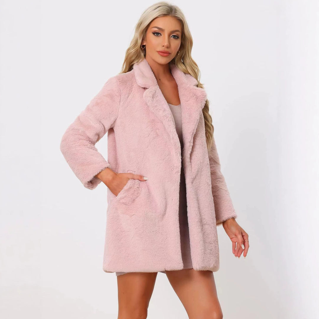 Damen Midilanger Kunstpelz‑Mantel mit softem Schalkragen und Eingrifftaschen Shop Nory