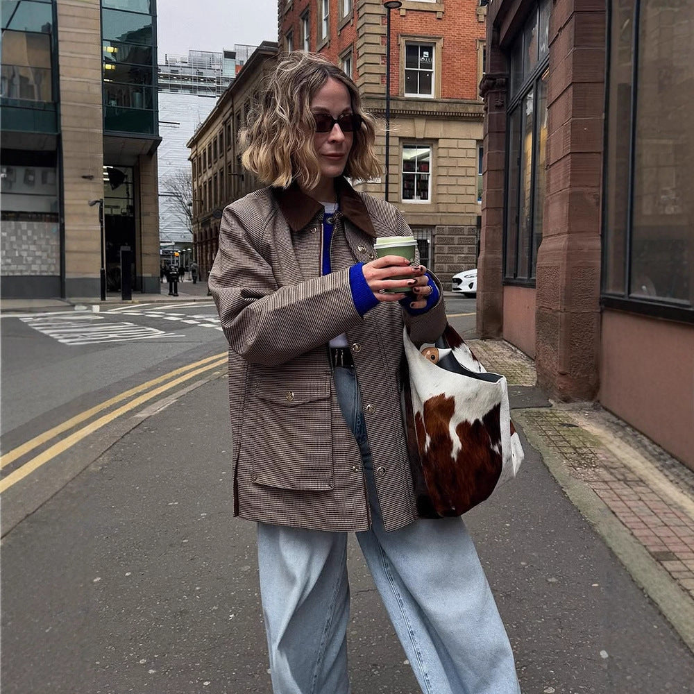 Damen Oversize-Boxy-Jacke im Glencheck mit Samtkragen und goldenen Zierknöpfen Shop Nory