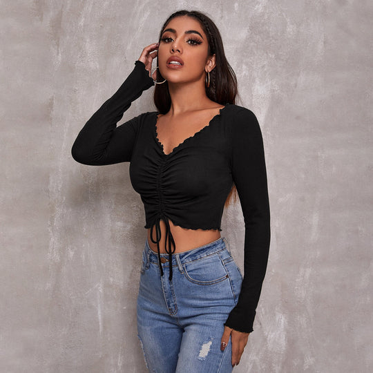Damen geripptes Cropped-Longsleeve mit Tunnelzugvorderseite, Bindekordeln und gewelltem Saum Shop Nory