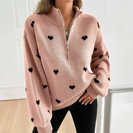 Damen Oversize Strickpullover mit Half-Zip und Herzmotiv Shop Nory