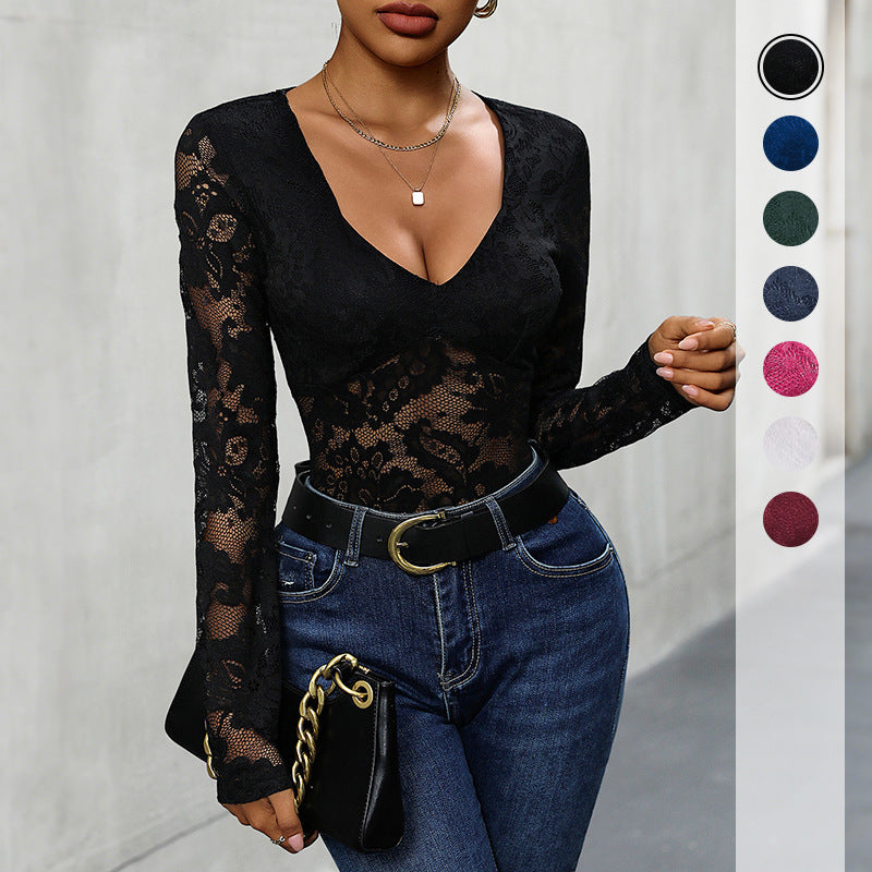 Damen Figurbetonter Spitzen-Body mit tiefem V-Quadratausschnitt und langen Ärmeln Shop Nory