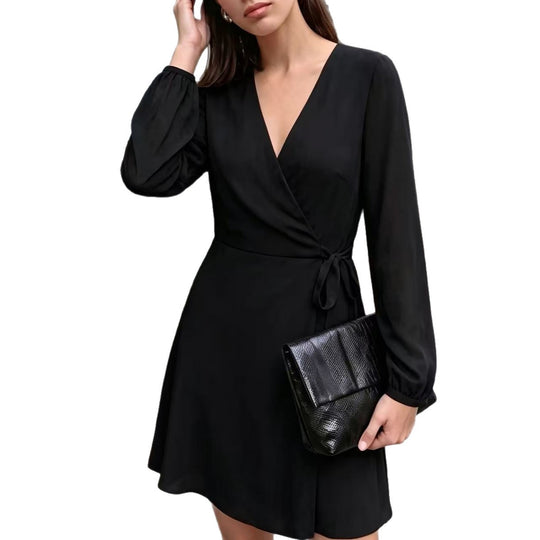 Damen Elegantes Wickel-Minikleid mit tiefem V-Ausschnitt und langen Ärmeln Shop Nory