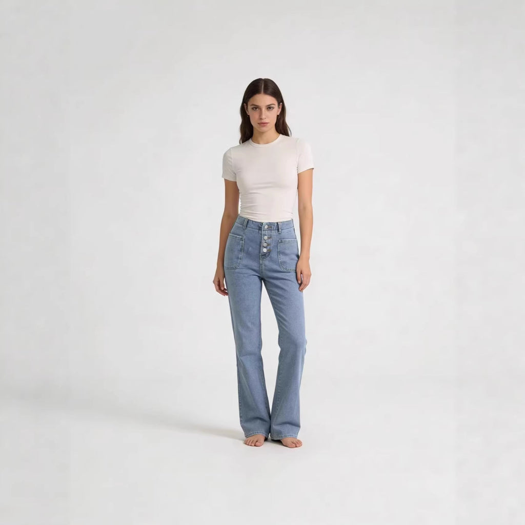 Damen Bootcut-Jeans mit hohem Bund und knöpfbarem Verschluss Shopnory