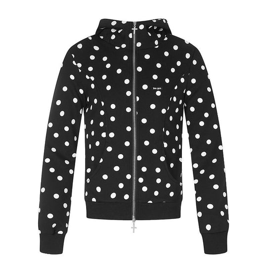 Damen Figurnahe Kapuzen‑Sweatjacke mit Punktmuster, Metall-Frontreißverschluss und Kängurutaschen Shop Nory