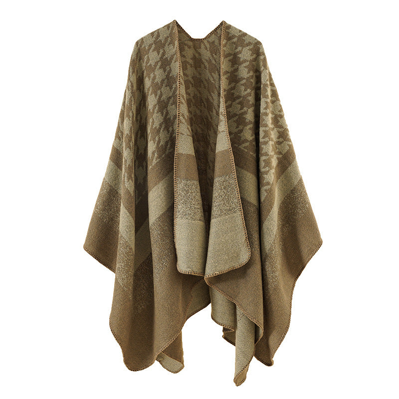 Damen Oversize‑Ruana‑Poncho aus Wollmix mit Hahnentritt- und Blockjacquard Shop Nory