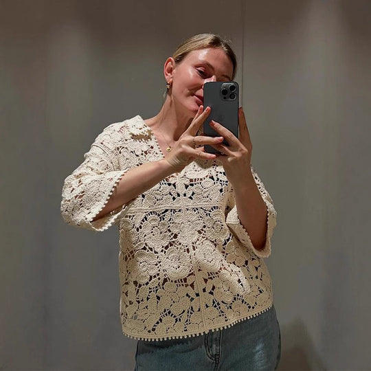 Damen Gehäkelte Bluse mit floralem Ajourmuster und dreiviertel Ärmeln Shop Nory