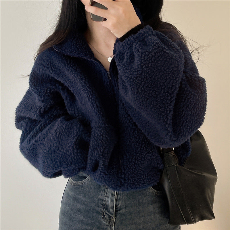 Damen kuschelige Fleece-Jacke mit hohem Kragen und Reißverschluss