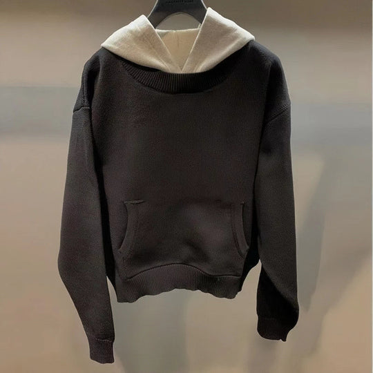 Unisex Grobgestricktes Lagenlook-Sweatshirt mit Kontrastkapuze und Kängurutasche Shop Nory