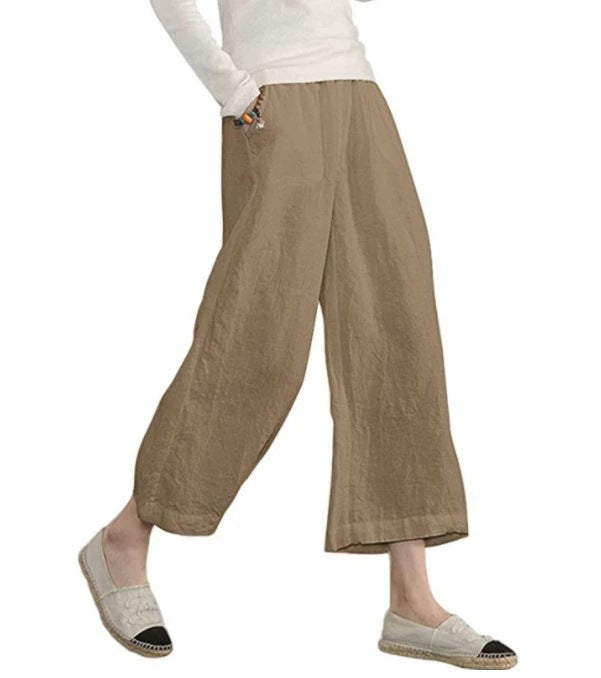 Damen weite Leinenhose mit seitlichen Taschen und elastischem Bund