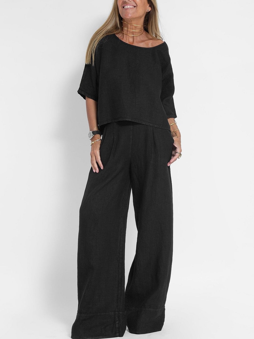 Damen lässiges Leinen-Set mit weitem Oberteil und palazzo Hosen