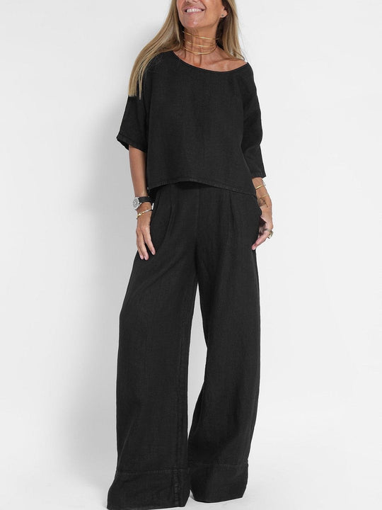 Damen lässiges Leinen-Set mit weitem Oberteil und palazzo Hosen