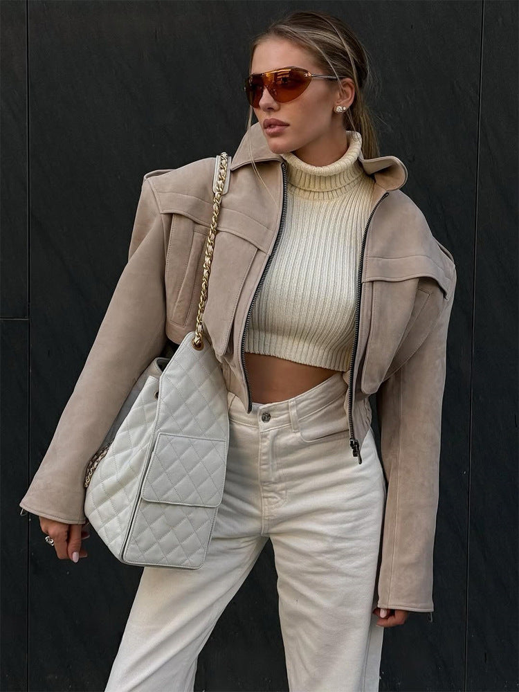 Damen Kurzblouson aus Veloursleder‑Optik mit Oversize‑Schulter und verdecktem Reißverschluss Shop Nory