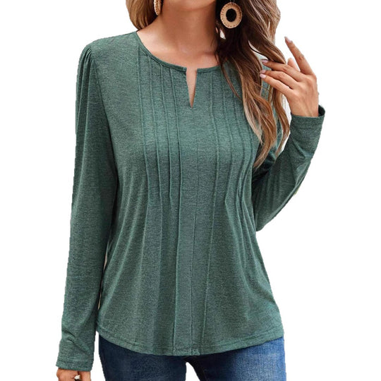 Damen Langarmshirt mit feinen Kellerfalten und Schlitzkragen Shop Nory