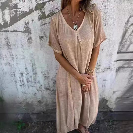 Damen Luftiges Leinenmaxikleid mit V-Ausschnitt und weit schwingendem Saum