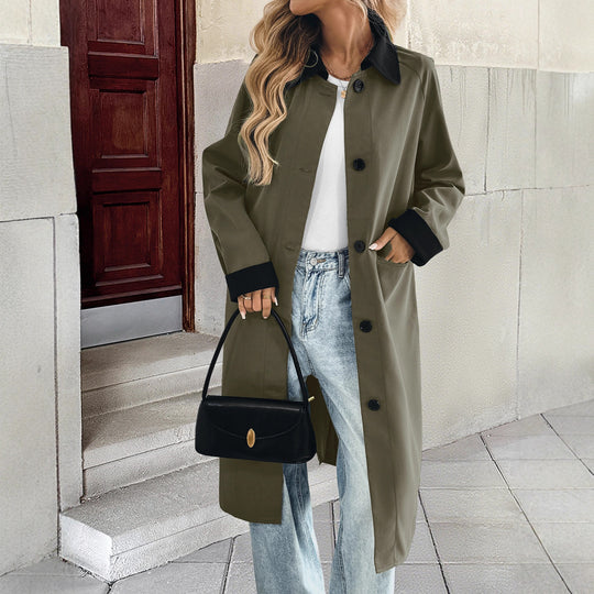 Damen Langer Trenchcoat mit Kontrastkragen und Umschlagmanschetten Shop Nory