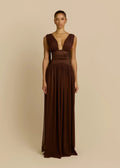 Damen Elegantes Langarm-Maxikleid mit tiefem V-Ausschnitt