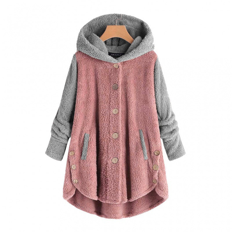 Damen Oversized Teddy-Mantel mit Kapuze, asymmetrischem Zipfelsaum und Holzknopf-Leiste Shop Nory