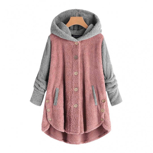 Damen Oversized Teddy-Mantel mit Kapuze, asymmetrischem Zipfelsaum und Holzknopf-Leiste Shop Nory