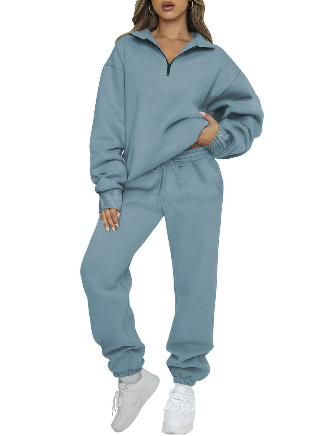 Damen nan Halbzip-Loungewear-Set mit übergroßem Kragenpullover und taillierter Jogginghose mit elastischem Bund Shop Nory