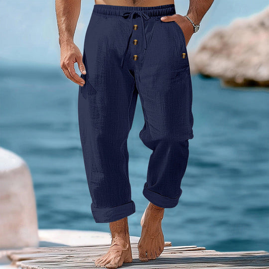 Herren nan lockere Leinen-Baumwoll-Hose mit elastischem Bund, Kordelzug und aufgekrempeltem Saum