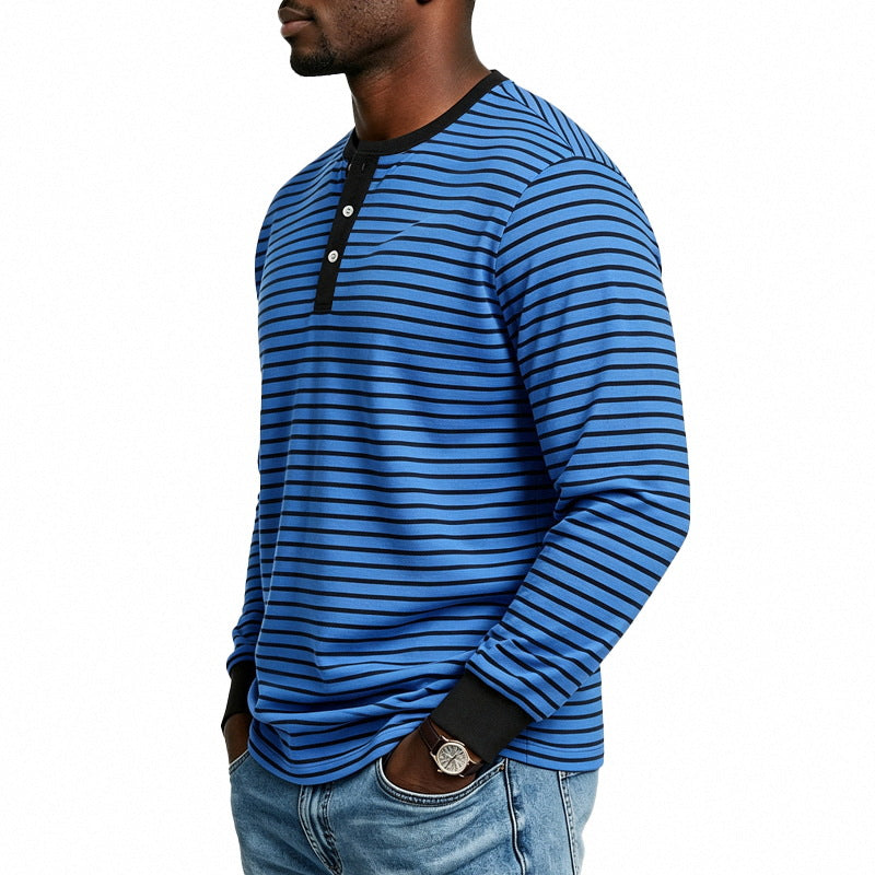 Herren Gestreiftes Langarm-Henleyshirt aus Baumwollmischung mit Knopfleiste Shop Nory