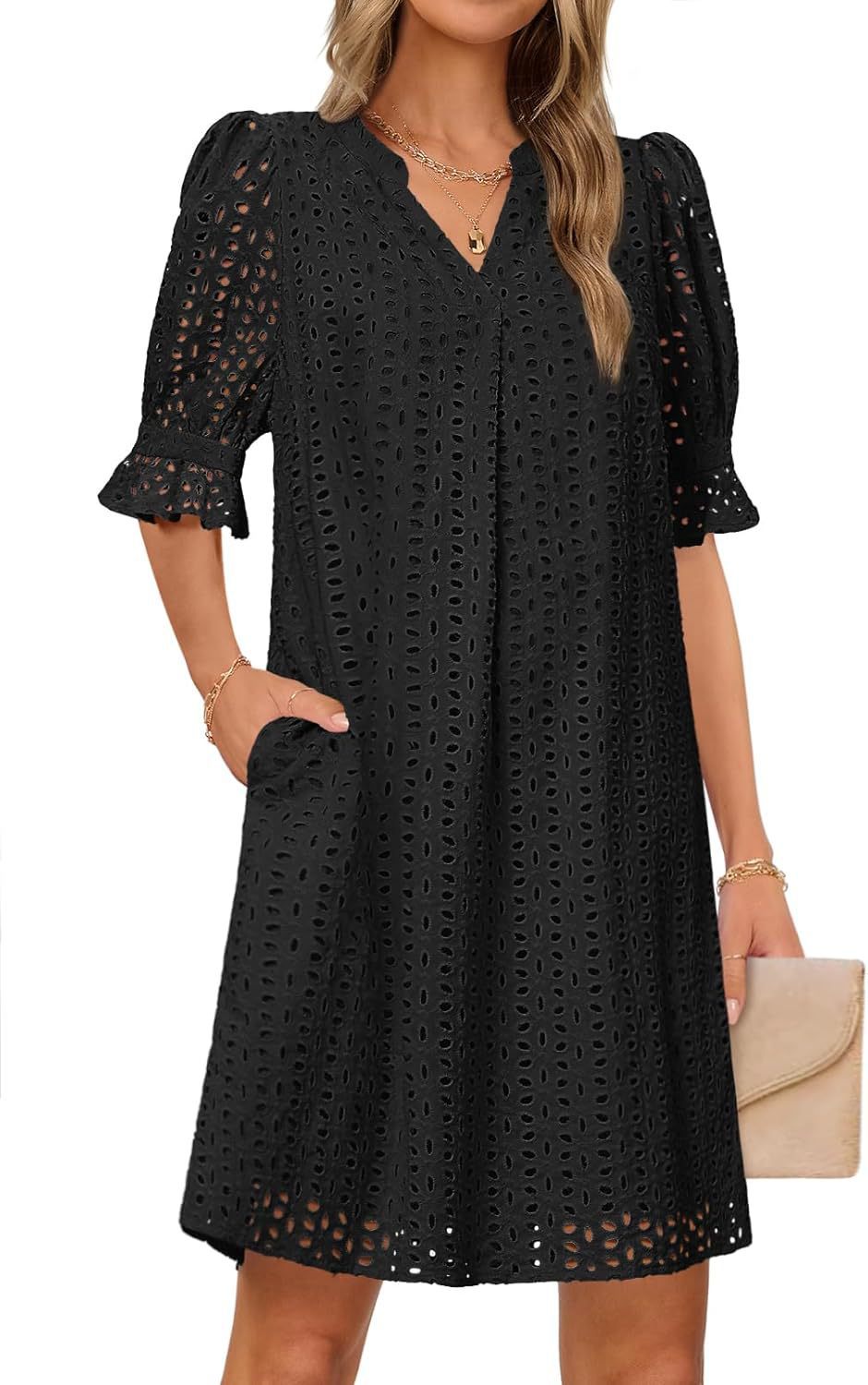 Damen luftiges Blumenkleid mit eleganten Lochdetails