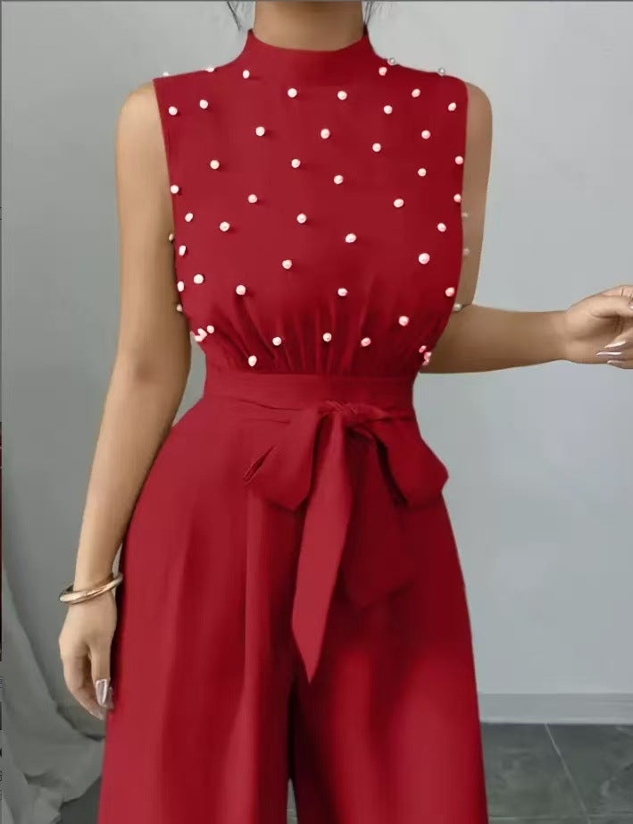 Damen Eleganter Jumpsuit mit Perlenbesatz, Stehkragen und weitem Palazzo-Bein Shop Nory