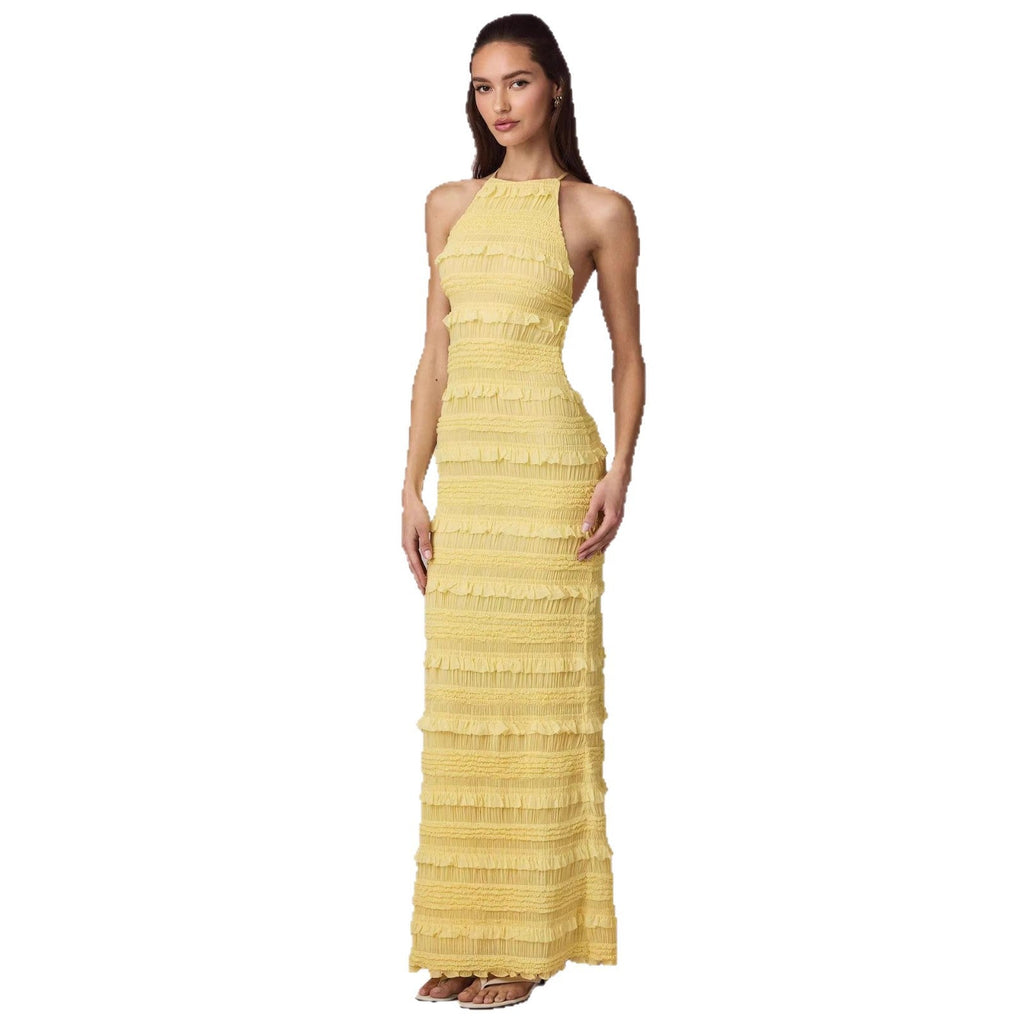 Damen Maxi-Kleid mit fransendem Design und elegantem Halterneck