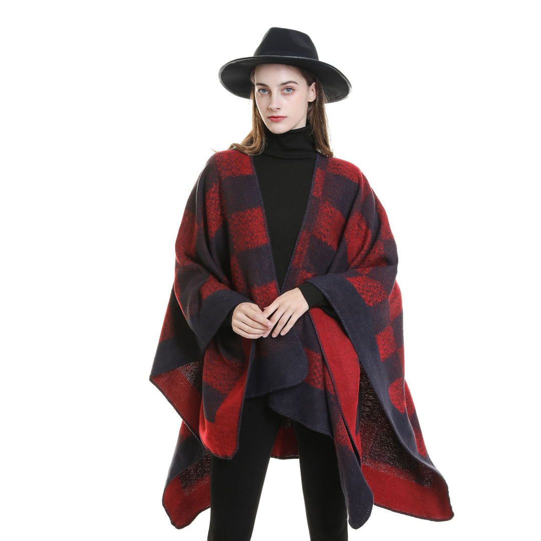 Damen Vielseitiger Wollmix-Überwurf im kastigen Kimono-Fall mit großflächigem Karojacquard Shop Nory