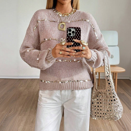 Damen Grobstrick-Pullover mit Paillettenstreifen, Oversize-Schnitt & Rundhalsausschnitt Shop Nory