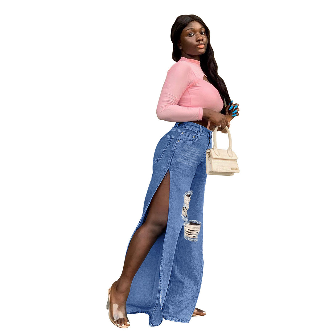 Damen Hochtaillierte Wide-Leg-Jeanshose mit Knie-Rissen und seitlichen Schlitzen Shop Nory