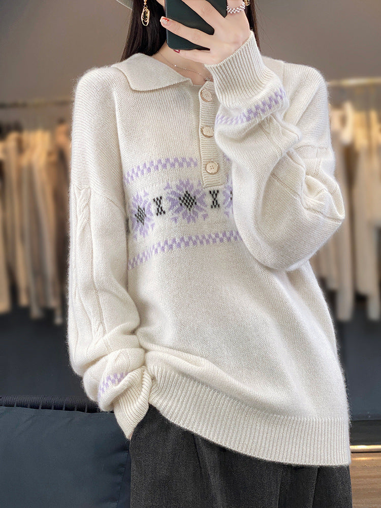 Damen Oversize-Polokragen-Strickpullover mit Norweger‑Motiv und Raglanärmeln Shop Nory