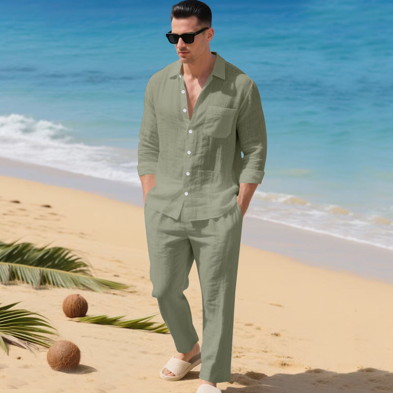 Herren leichtes Leinen-Outfit mit stilvollem Hemd und eleganter Hose ShopNory