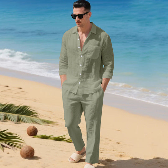 Herren leichtes Leinen-Outfit mit stilvollem Hemd und eleganter Hose ShopNory