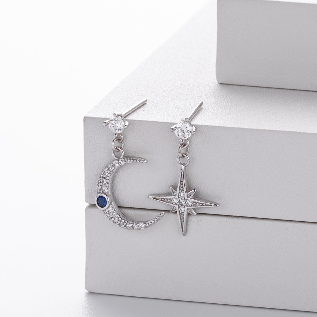 Damen Ohrhänger mit funkelndem Mond- und Sternmotiv aus 925 Sterlingsilber Shop Nory